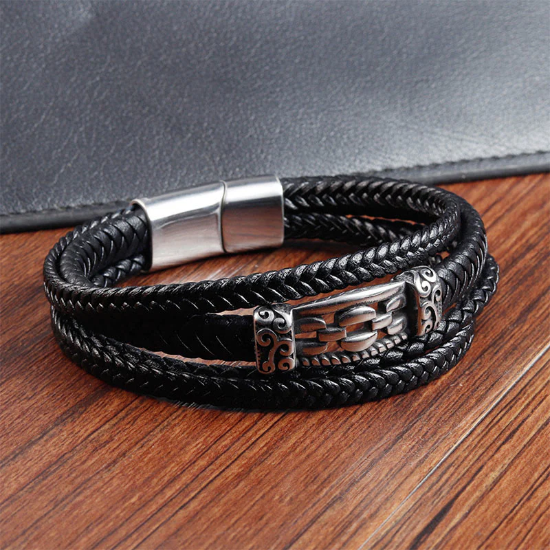 Bracciale intrecciato in pelle multistrato con design a maglie di catena in acciaio al titanio Buddha Stones - Image 6