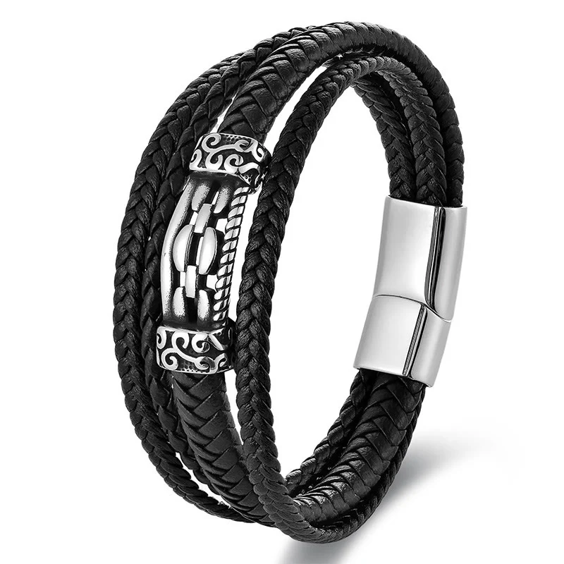 Bracciale intrecciato in pelle multistrato con design a maglie di catena in acciaio al titanio Buddha Stones - Image 7