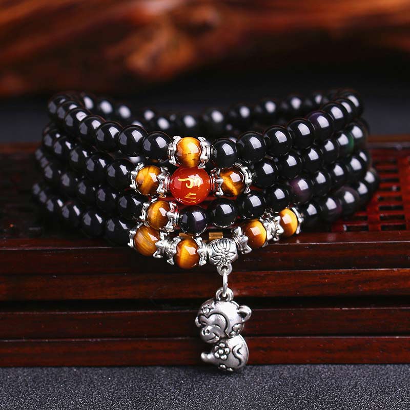 Bracciale Mala della Fortuna con 108 Perle dello Zodiaco Cinese e Occhio di Tigre in Ossidiana Nera