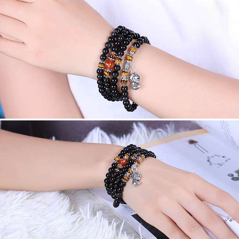 Bracciale Mala della Fortuna con 108 Perle dello Zodiaco Cinese e Occhio di Tigre in Ossidiana Nera - Image 10