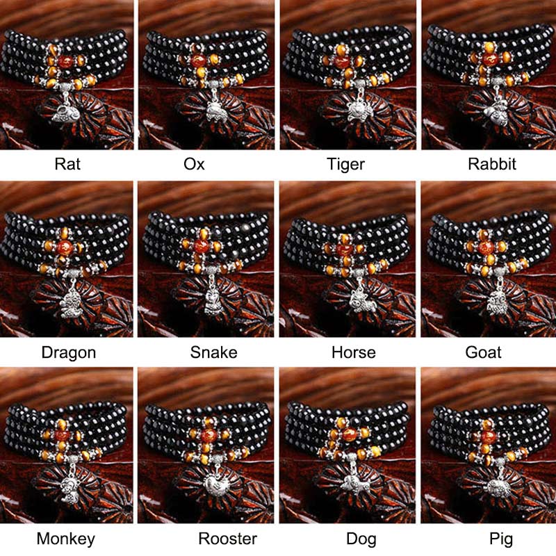Bracciale Mala della Fortuna con 108 Perle dello Zodiaco Cinese e Occhio di Tigre in Ossidiana Nera - Image 3