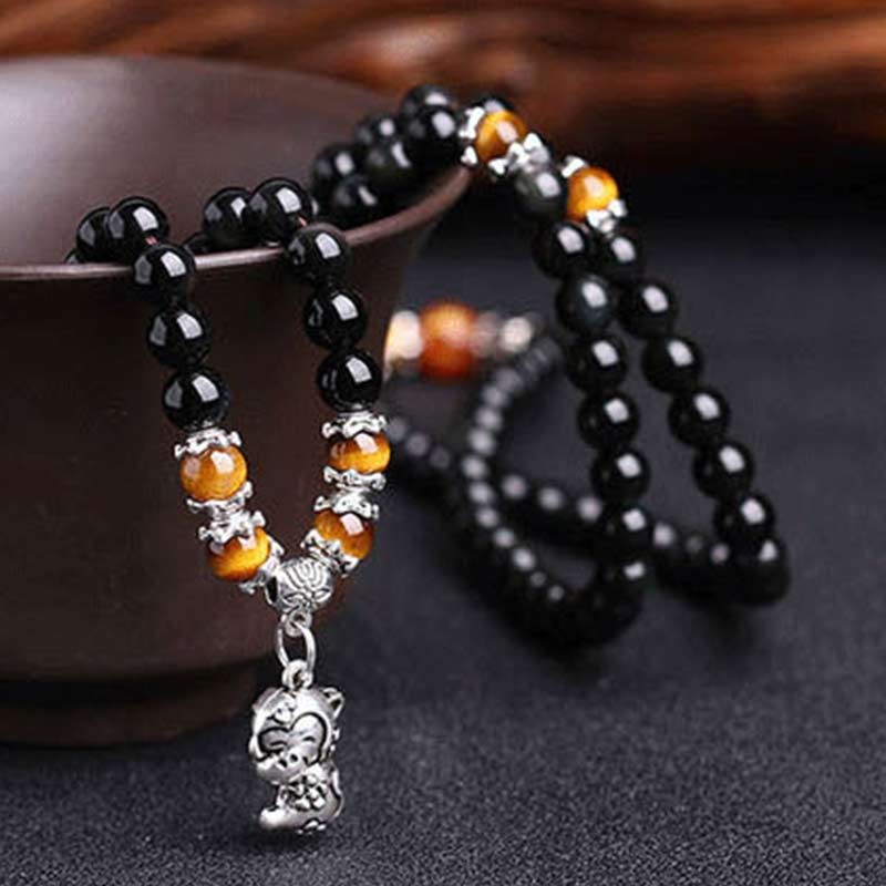 Bracciale Mala della Fortuna con 108 Perle dello Zodiaco Cinese e Occhio di Tigre in Ossidiana Nera - Image 4