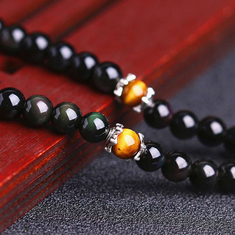 Bracciale Mala della Fortuna con 108 Perle dello Zodiaco Cinese e Occhio di Tigre in Ossidiana Nera - Image 5