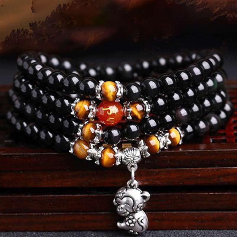 Bracciale Mala della Fortuna con 108 Perle dello Zodiaco Cinese e Occhio di Tigre in Ossidiana Nera - Image 9