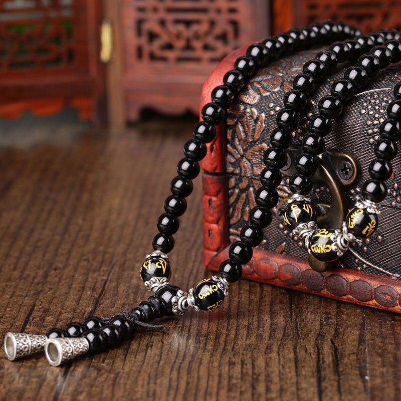 Bracciale Mala di protezione con sei vere parole in ossidiana nera Buddha Stones - Image 4