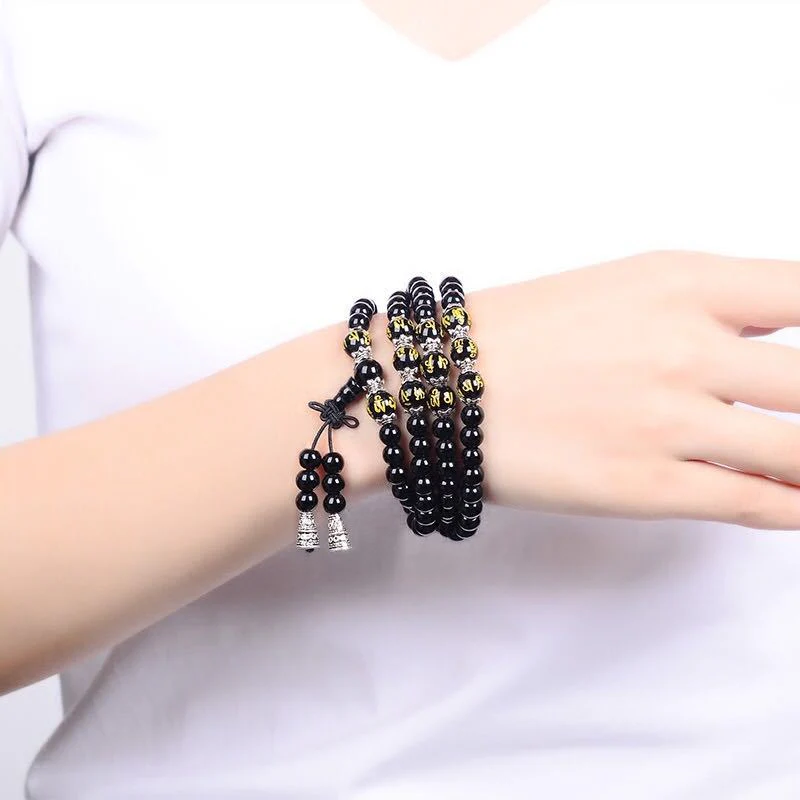 Bracciale Mala di protezione con sei vere parole in ossidiana nera Buddha Stones - Image 5