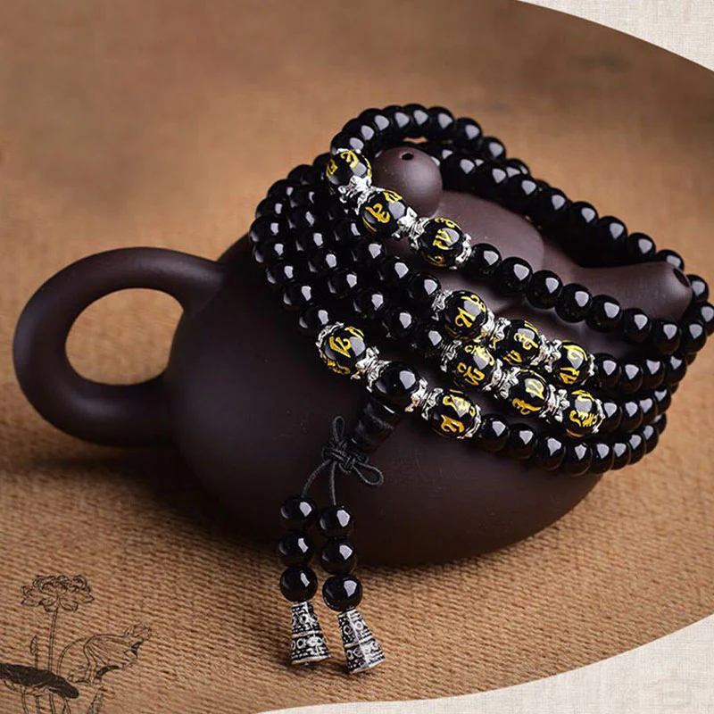 Bracciale Mala di protezione con sei vere parole in ossidiana nera Buddha Stones - Image 6