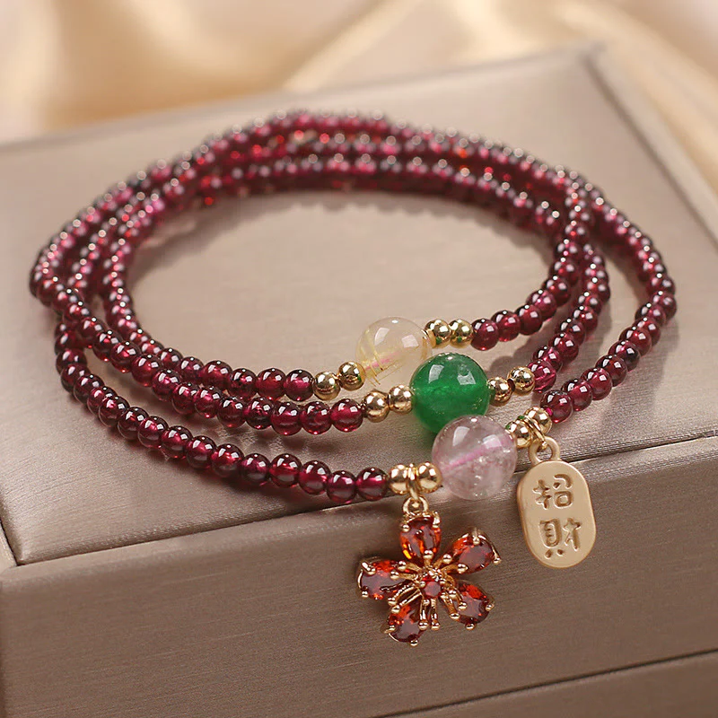 Bracciale multistrato con perle di granato ultrasottili naturali da 3 mm Buddha Stones, fiore di ciliegio, attrae fortuna e protezione
