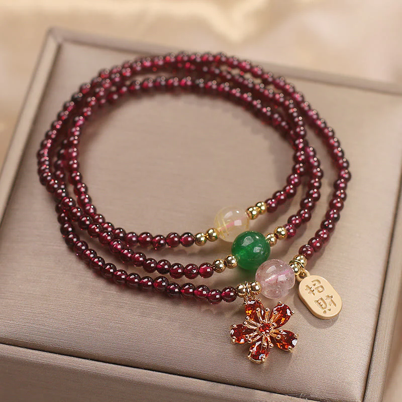 Bracciale multistrato con perle di granato ultrasottili naturali da 3 mm Buddha Stones, fiore di ciliegio, attrae fortuna e protezione - Image 2