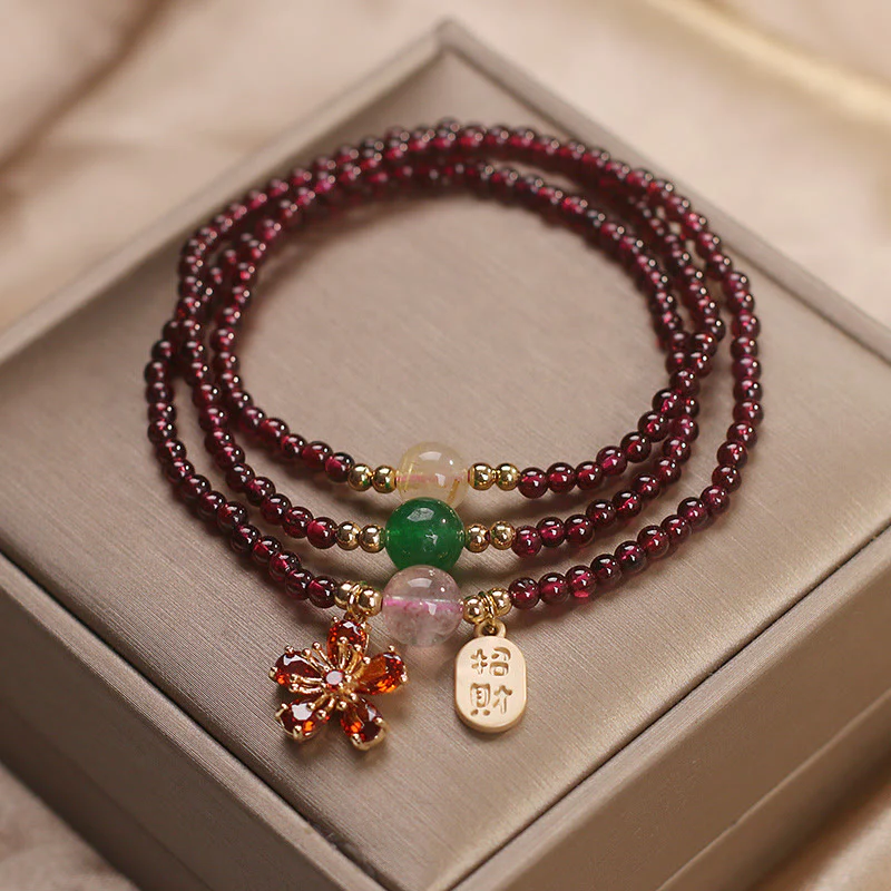 Bracciale multistrato con perle di granato ultrasottili naturali da 3 mm Buddha Stones, fiore di ciliegio, attrae fortuna e protezione - Image 5