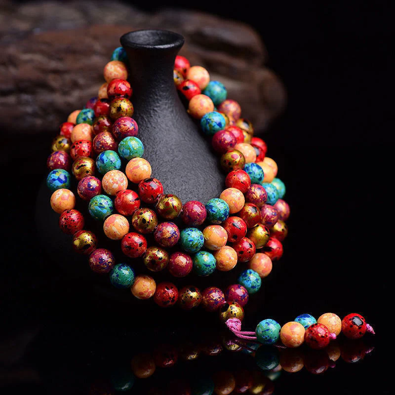Bracciale multistrato con protezione in legno di sandalo, 108 perline mala in lacca multicolore Buddha Stones