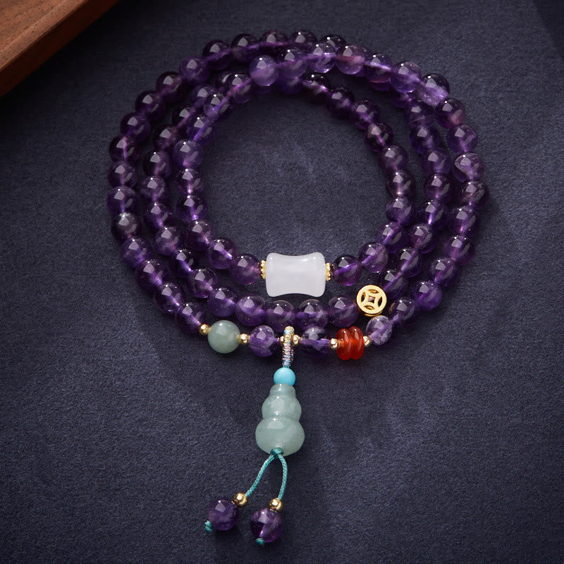 Bracciale multistrato in equilibrio di loto, con perle di ametista naturale, pendente con zucca e calcedonio, perline Buddha Stones - Image 2