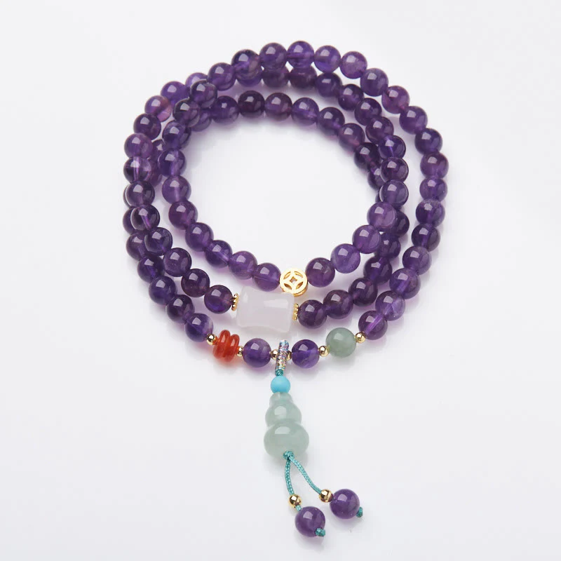 Bracciale multistrato in equilibrio di loto, con perle di ametista naturale, pendente con zucca e calcedonio, perline Buddha Stones - Image 3