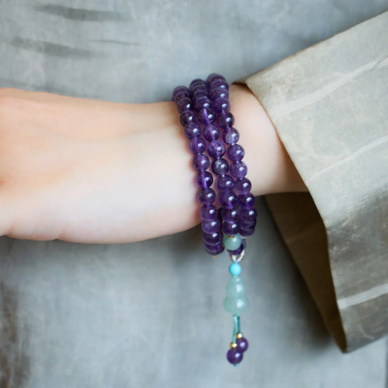 Bracciale multistrato in equilibrio di loto, con perle di ametista naturale, pendente con zucca e calcedonio, perline Buddha Stones - Image 4