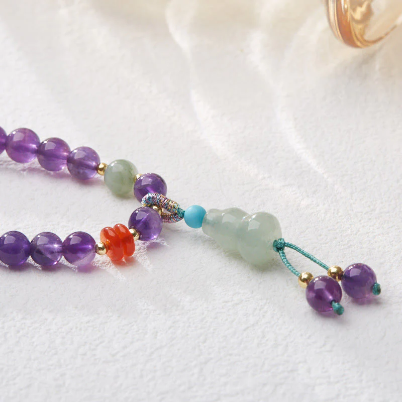 Bracciale multistrato in equilibrio di loto, con perle di ametista naturale, pendente con zucca e calcedonio, perline Buddha Stones - Image 8