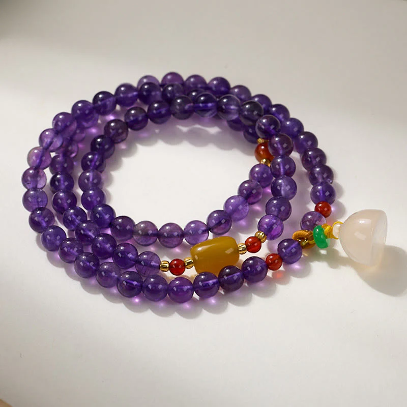 Bracciale multistrato in equilibrio di loto, con perle di ametista naturale, pendente con zucca e calcedonio, perline Buddha Stones - Image 9