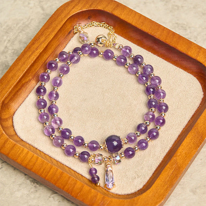 Bracciale multistrato in perle di ametista naturale Buddha Stones - Image 5