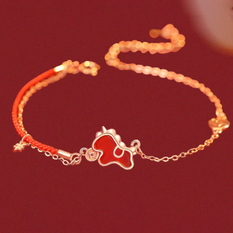 Bracciale portafortuna con ciondolo a moneta in agata rossa con filo rosso in argento sterling 925 "Anno del cavallo" Buddha Stones - Image 2