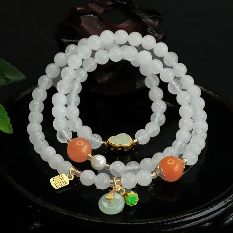 Bracciale portafortuna con fibbia della pace a forma di zucca multistrato in giada bianca naturale con Buddha Stones e carattere Fu - Image 2