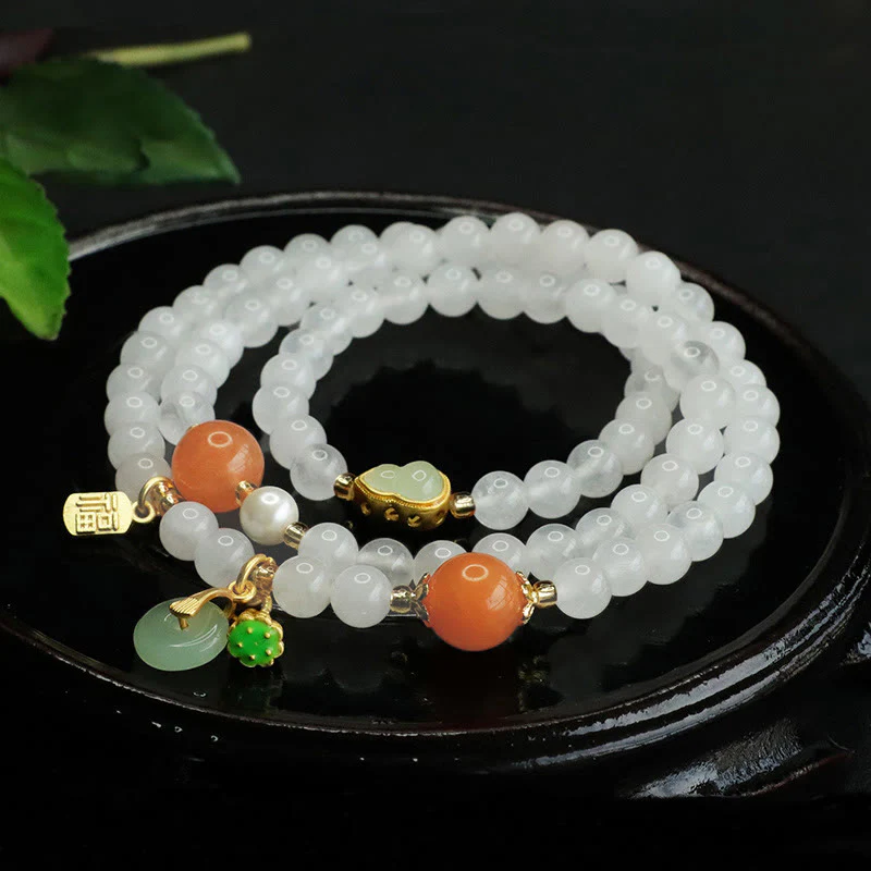 Bracciale portafortuna con fibbia della pace a forma di zucca multistrato in giada bianca naturale con Buddha Stones e carattere Fu - Image 3