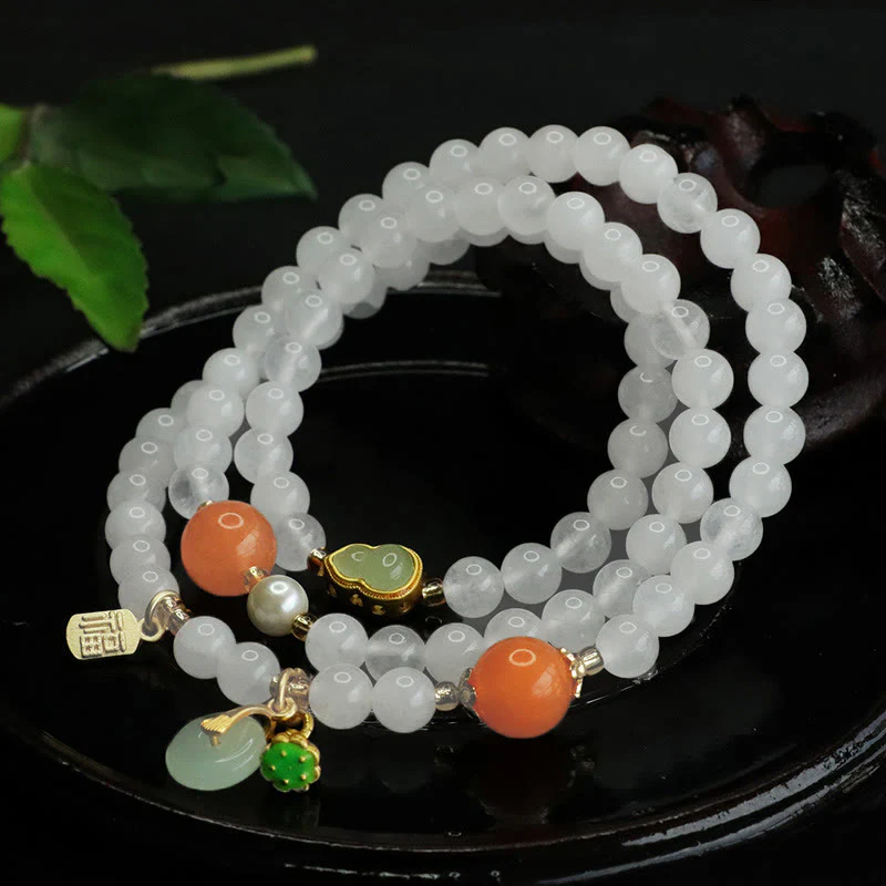 Bracciale portafortuna con fibbia della pace a forma di zucca multistrato in giada bianca naturale con Buddha Stones e carattere Fu - Image 4
