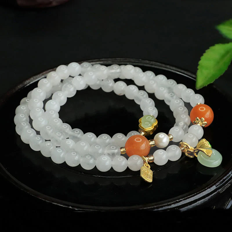 Bracciale portafortuna con fibbia della pace a forma di zucca multistrato in giada bianca naturale con Buddha Stones e carattere Fu - Image 6