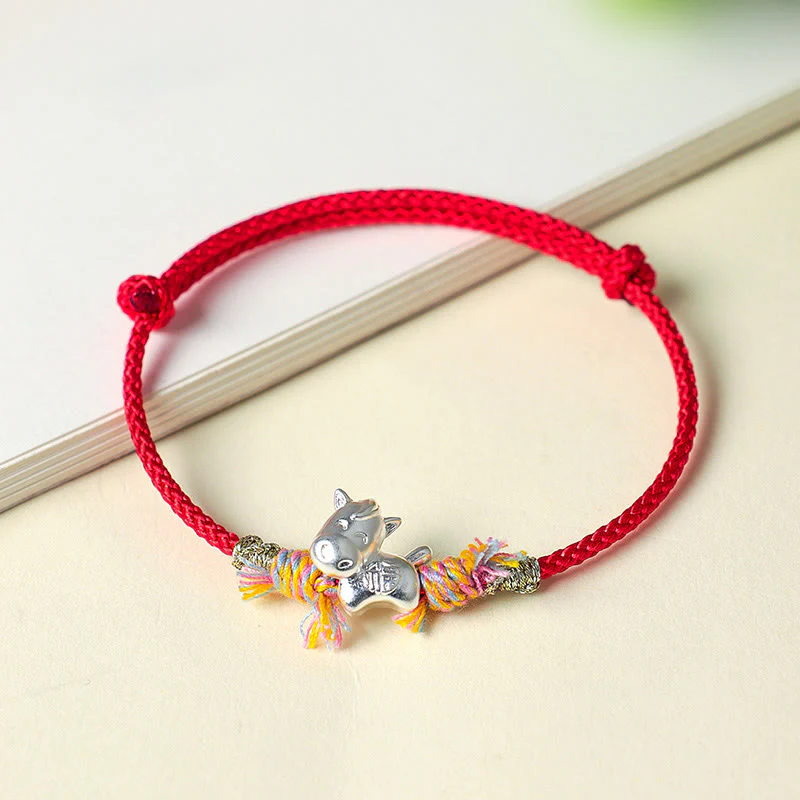 Bracciale portafortuna in corda rossa con carattere Fu, in argento sterling 999, raffigurante il cavallo alato dell'anno del cavallo Buddha Stones - Image 3
