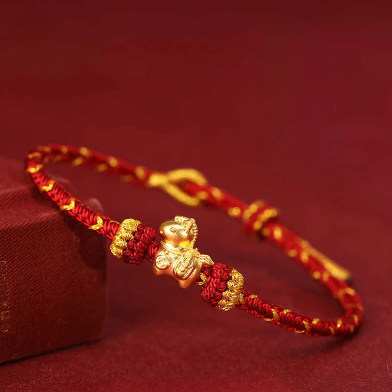 Bracciale regolabile con corda intrecciata e portafortuna dell'anno del cavallo, in oro 999, Buddha Stones - Image 3