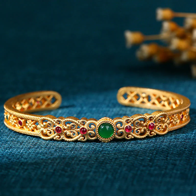 Bracciale rigido Buddha Stones Calcedonio verde 24k placcato oro rame forza polsino - Image 2