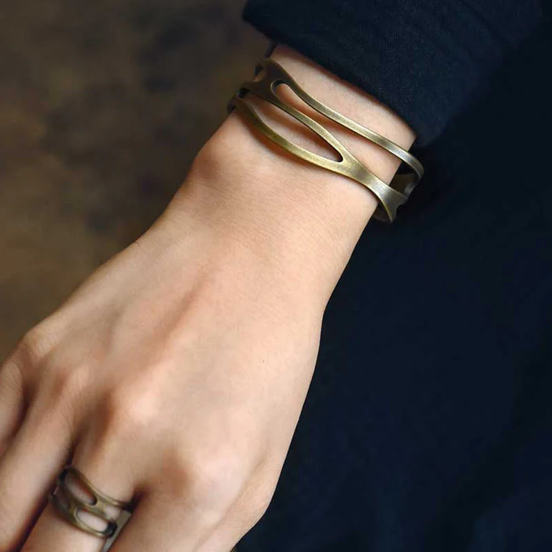 Bracciale rigido regolabile con polsino in ottone e rame curvo vintage Buddha Stones Wealth - Image 5