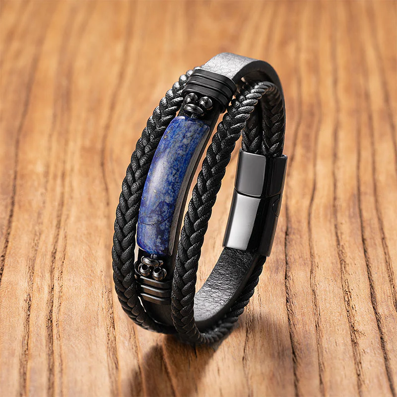 Bracciale rinforzato in pelle, acciaio al titanio, cristallo rosa, Buddha Stones, ematite, lazurite, lapislazzuli, pietra glitter nera - Image 4