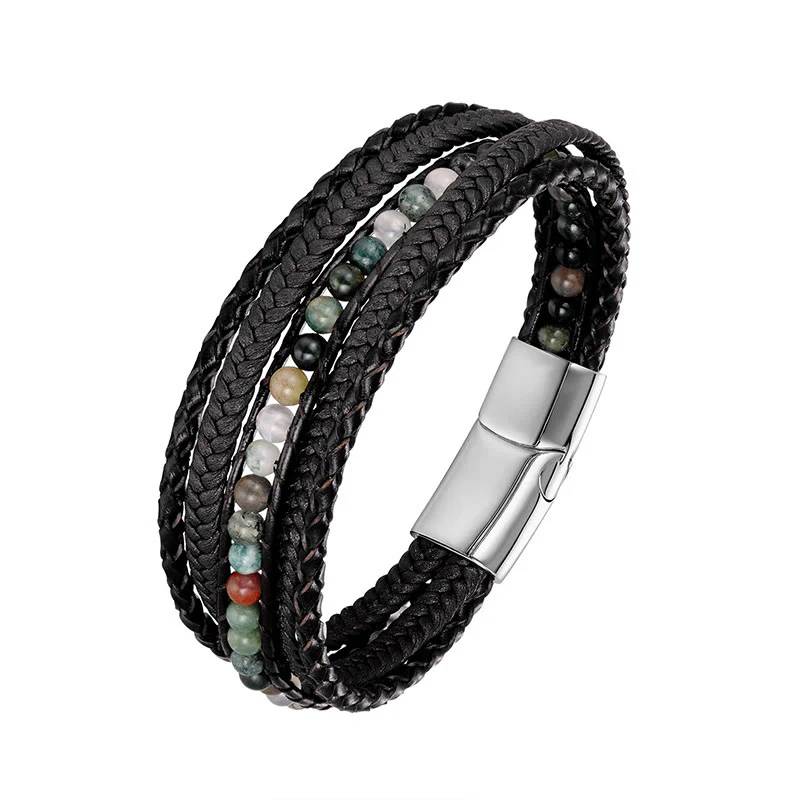 Bracciale rinforzato in pelle con perline, agata indiana, occhio di tigre Buddha Stones - Image 4