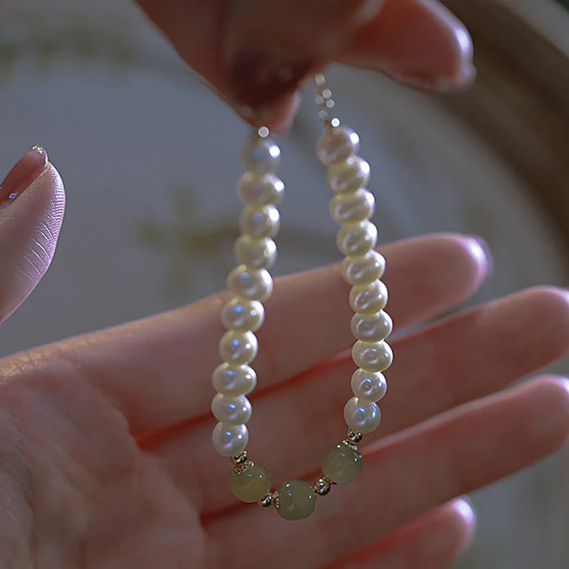 Braccialetto a catena con perle di sincerità in giada bianca e giada ciano di Hetian, placcato in oro 14K - Image 3