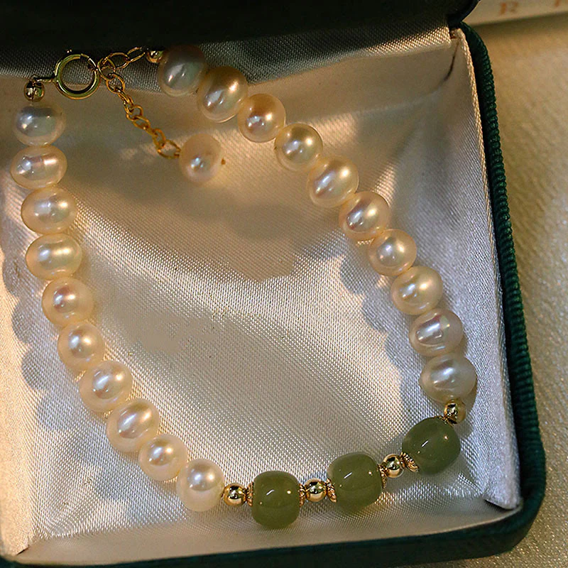 Braccialetto a catena con perle di sincerità in giada bianca e giada ciano di Hetian, placcato in oro 14K - Image 4