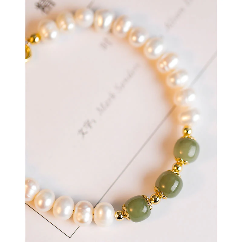 Braccialetto a catena con perle di sincerità in giada bianca e giada ciano di Hetian, placcato in oro 14K - Image 8