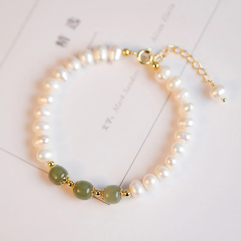 Braccialetto a catena con perle di sincerità in giada bianca e giada ciano di Hetian, placcato in oro 14K - Image 9