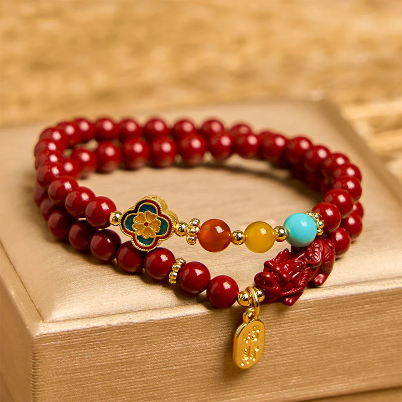 Braccialetto a doppio giro con benedizione del carattere PiXiu Fu in cinabro Buddha Stones