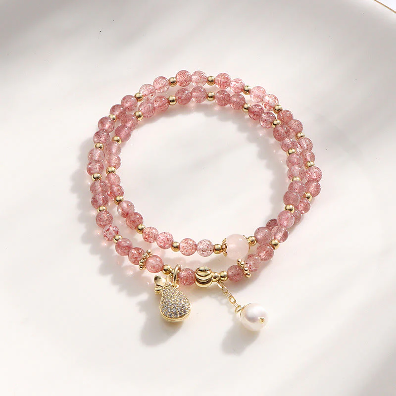 Braccialetto a doppio giro con ciondolo positivo Buddha Stones Strawberry Quartz Money Bag