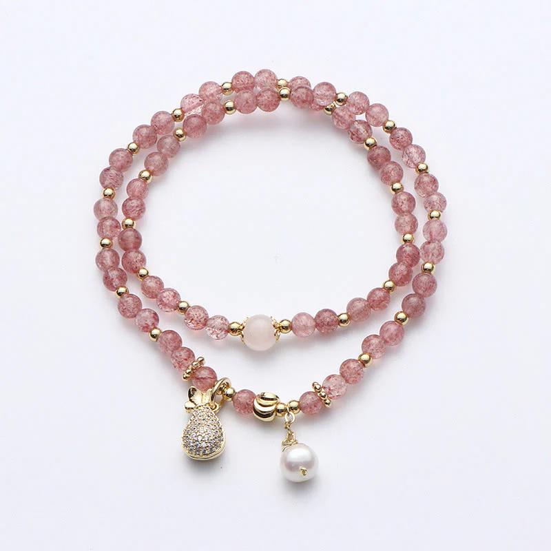 Braccialetto a doppio giro con ciondolo positivo Buddha Stones Strawberry Quartz Money Bag - Image 5