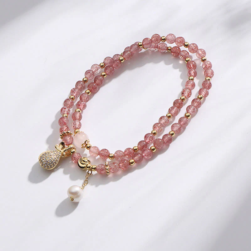 Braccialetto a doppio giro con ciondolo positivo Buddha Stones Strawberry Quartz Money Bag - Image 7