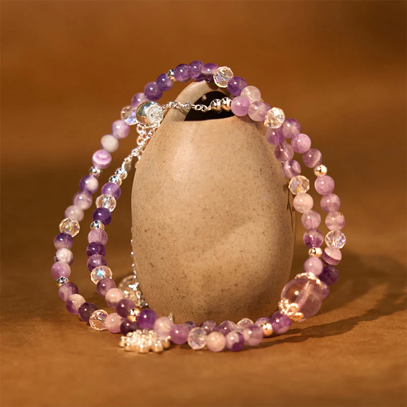 Braccialetto a doppio giro con consapevolezza spirituale in cristallo di ametista e girasole , Buddha Stones - Image 2