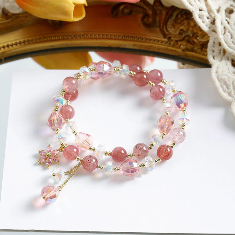 Braccialetto a doppio giro con fiore di zircone e quarzo fragola Buddha Stones