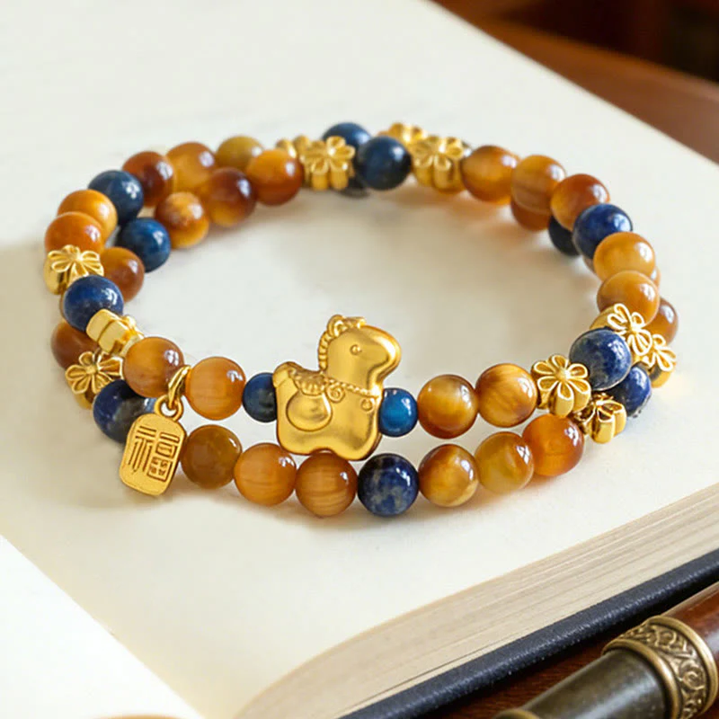 Braccialetto a doppio giro Serenity Buddha Stones Year Of The Horse Fu Character Lazurite Lapislazzuli Occhio di Tigre