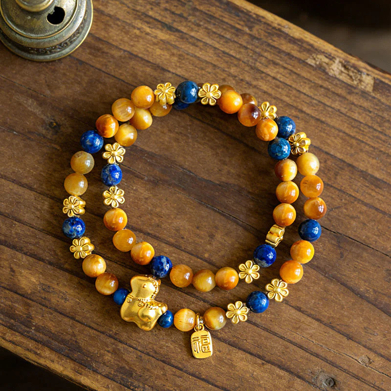 Braccialetto a doppio giro Serenity Buddha Stones Year Of The Horse Fu Character Lazurite Lapislazzuli Occhio di Tigre - Image 4