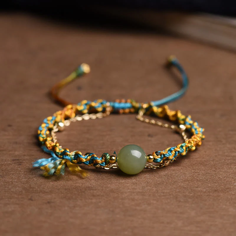 Braccialetto a doppio strato con perline di giada e corda colorata fatta a mano Buddha Stones