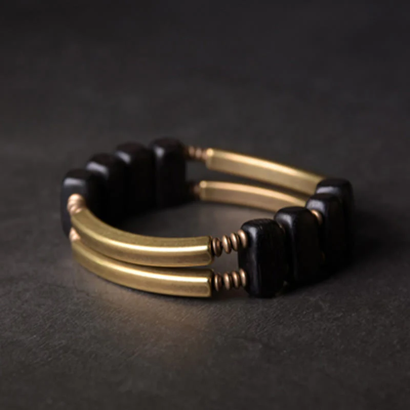 Bracciale a doppio strato in ottone e rame con Buddha Stones in legno di ebano tibetano