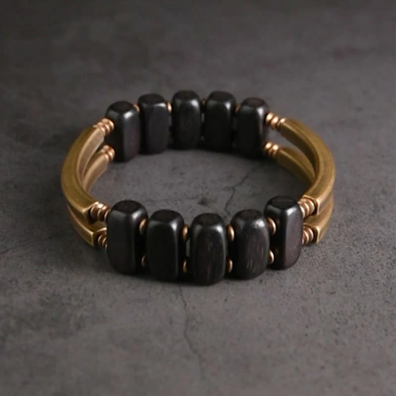 Bracciale a doppio strato in ottone e rame con Buddha Stones in legno di ebano tibetano - Image 2