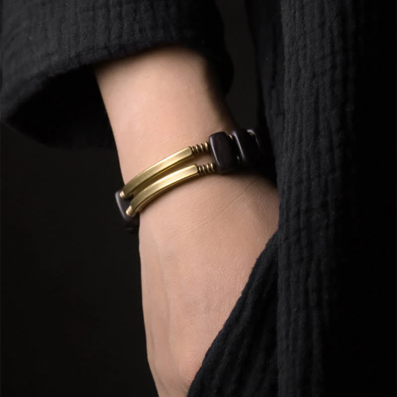 Bracciale a doppio strato in ottone e rame con Buddha Stones in legno di ebano tibetano - Image 3