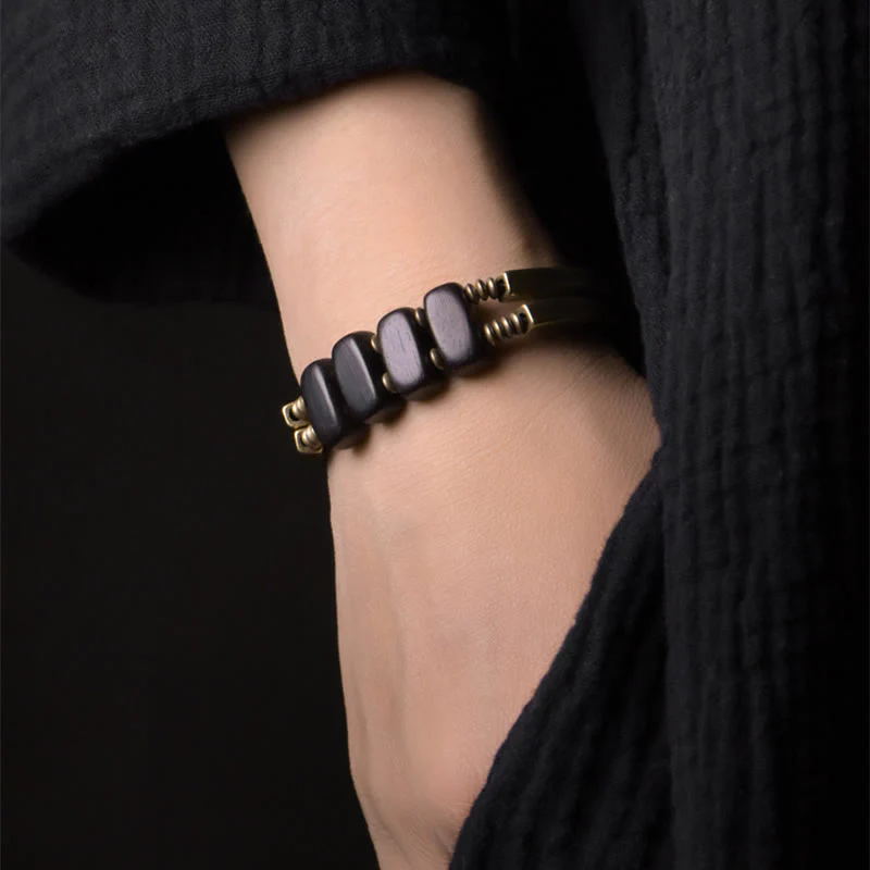 Bracciale a doppio strato in ottone e rame con Buddha Stones in legno di ebano tibetano - Image 5