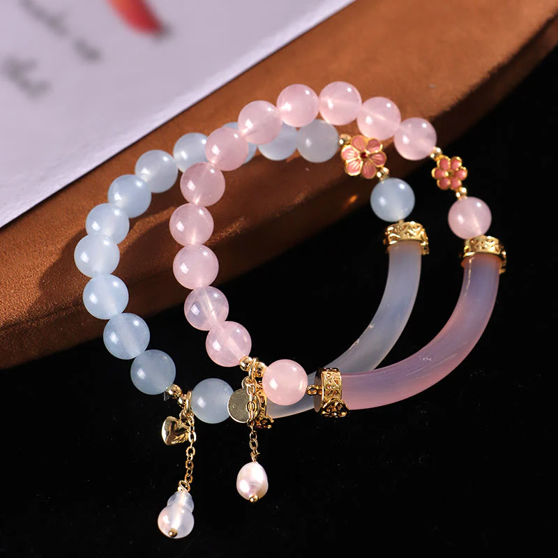 Braccialetto a metà polsino in perle di calcedonio blu e cristallo rosa Buddha Stones - Image 11